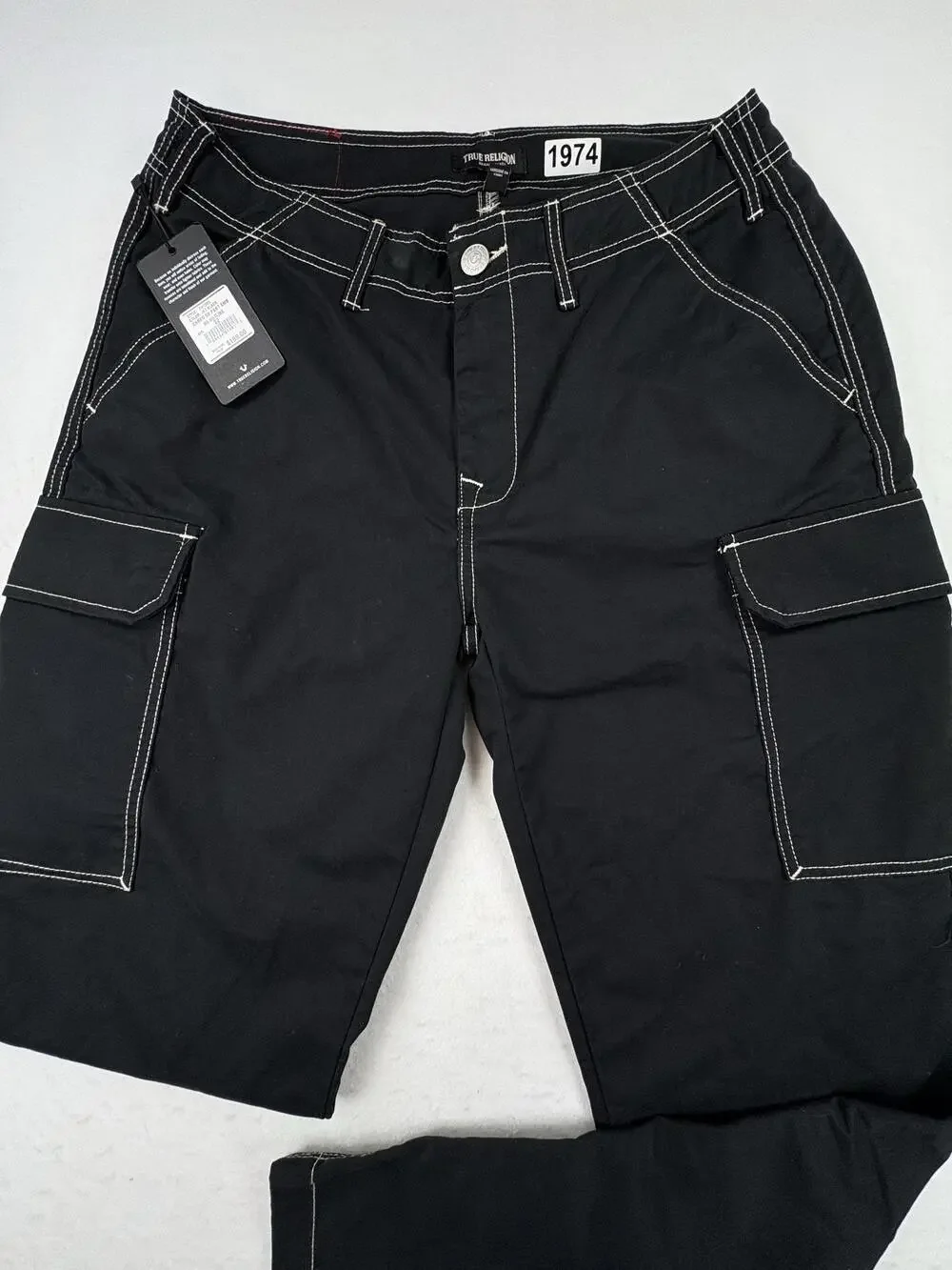 True Religion Cargo Pants Mens 32x31 Black Canvas Embroidered Logo Streetwear
